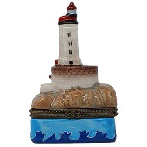 VTG Lighthouse Themed Porcelin Hinged Trinket / Ring Box Ocean Wave Detail #S-2